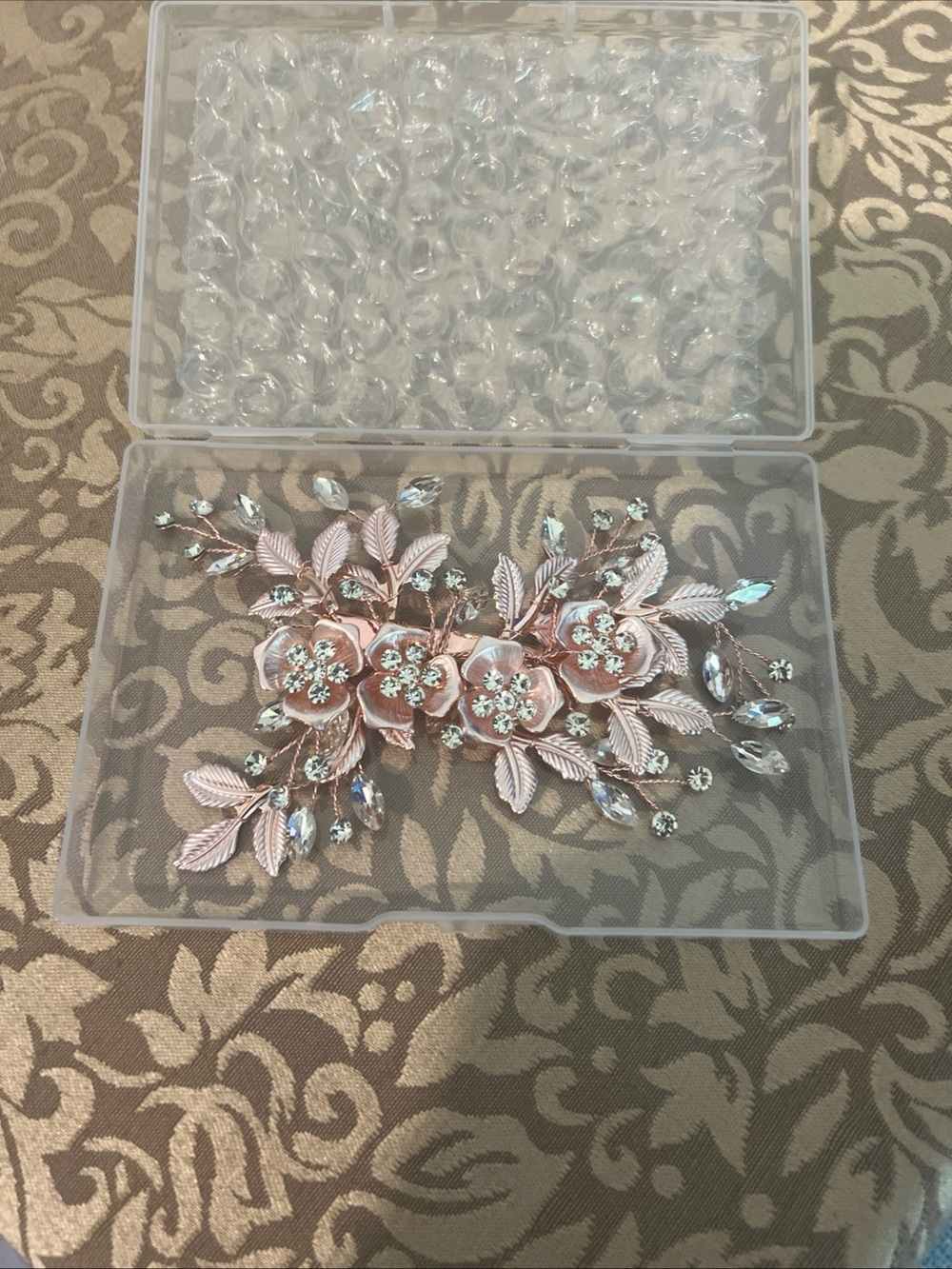 Light Rose Gold Wedding Clip Rhinestone Bridal Clip Barrette - Handmade Flower
